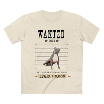 A light beige crewneck t-shirt featuring a 'WANTED' poster graphic for a pitbull named Sasha, with a mugshot-style photo, height lines, and a reward of $10,000.