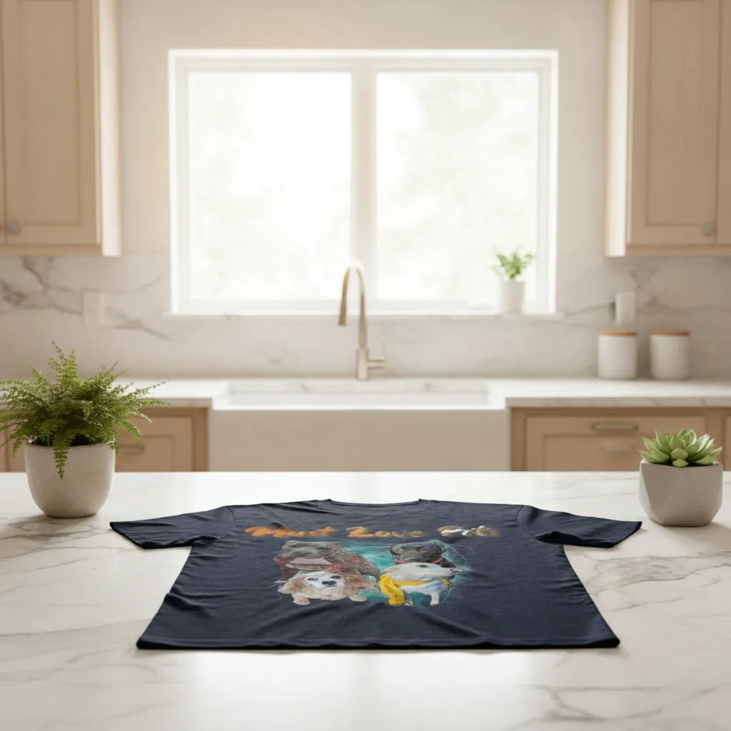 The navy Must Love Pits t-shirt laid flat on a marble kitchen worktop