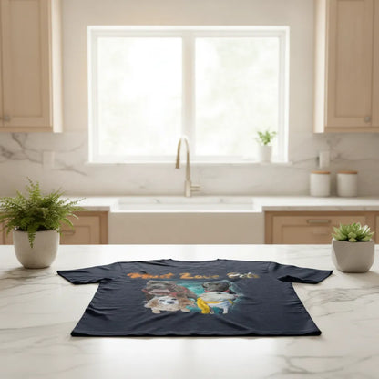 The navy Must Love Pits t-shirt laid flat on a marble kitchen worktop