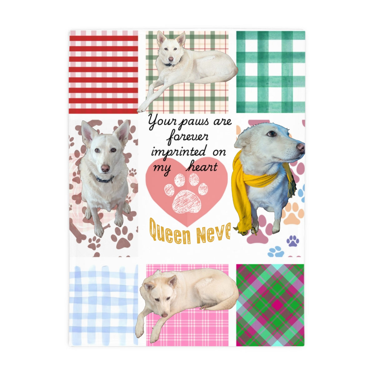 Patchwork photo blanket printed with four pictures of a white dog named Queen Neve, a heart-shaped paw print and the words 'Your paws are forever imprinted on my heart'