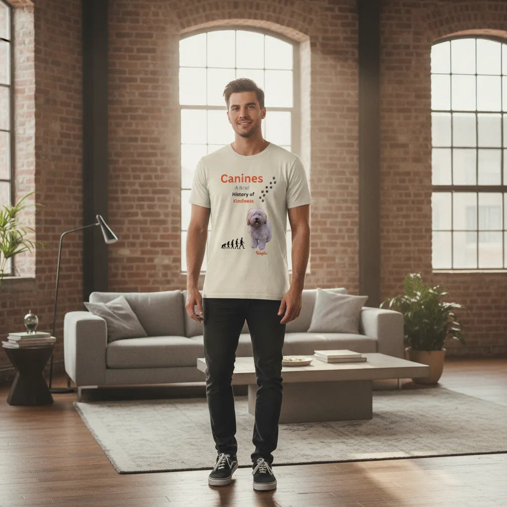 Man standing in a loft living room wearing the cream Canines: A Brief History of Kindness t-shirt