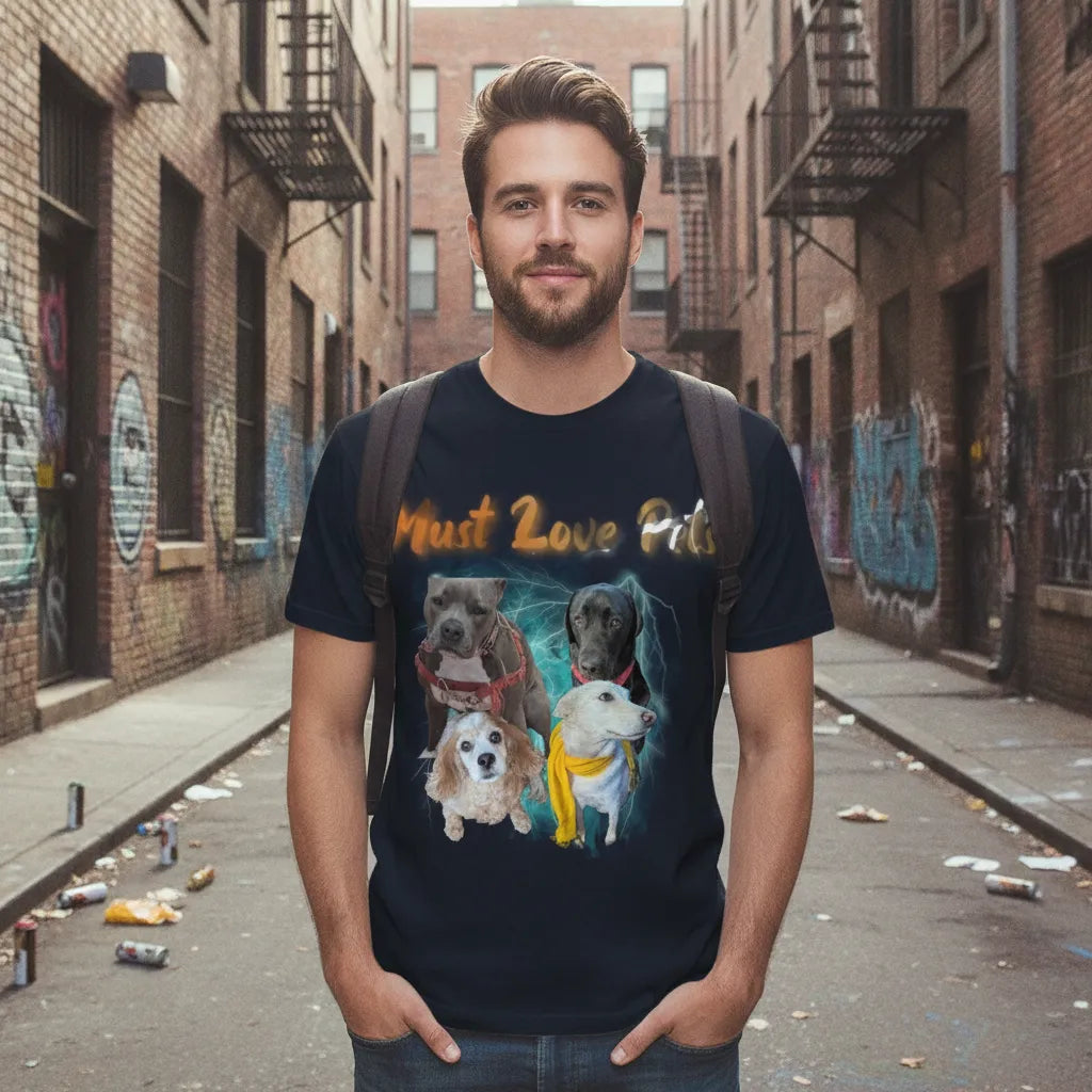 Man with a backpack in a graffitied laneway wearing the navy Must Love Pits t-shirt