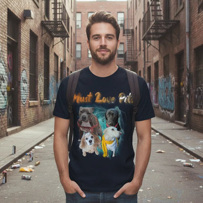Man with a backpack in a graffitied laneway wearing the navy Must Love Pits t-shirt