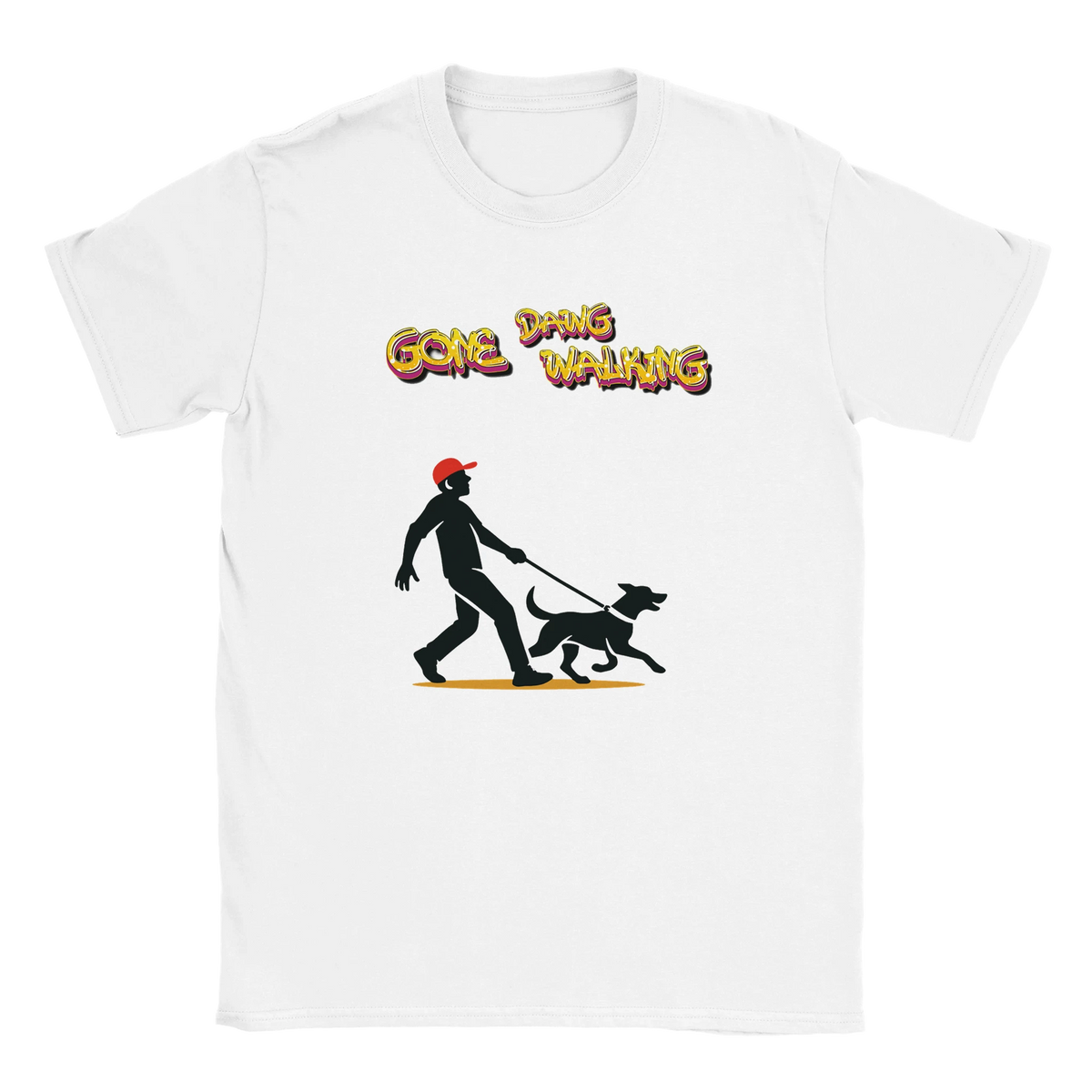 Dog walking t-shirt in premium ring-spun cotton, printed with a dog walking graphic