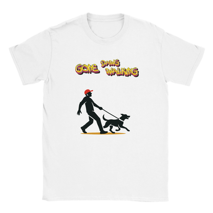 Dog walking t-shirt in premium ring-spun cotton, printed with a dog walking graphic