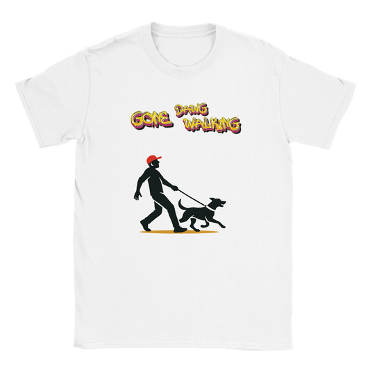 Dog walking t-shirt in premium ring-spun cotton, printed with a dog walking graphic