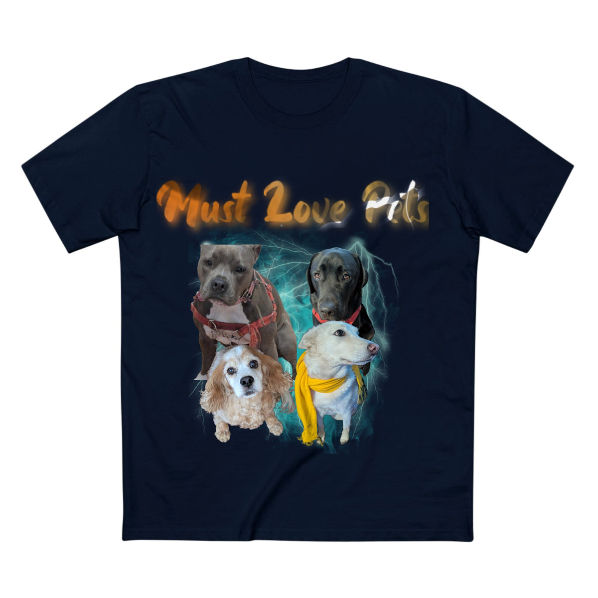 Navy Must Love Pits t-shirt shown flat, printed with photos of four dogs