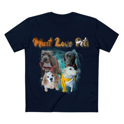 Navy Must Love Pits t-shirt shown flat, printed with photos of four dogs