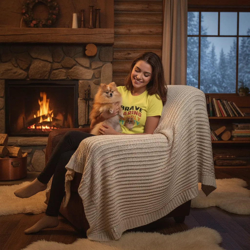 Woman in an armchair by a log fire holding a Pomeranian, wearing the yellow wave-text pet t-shirt