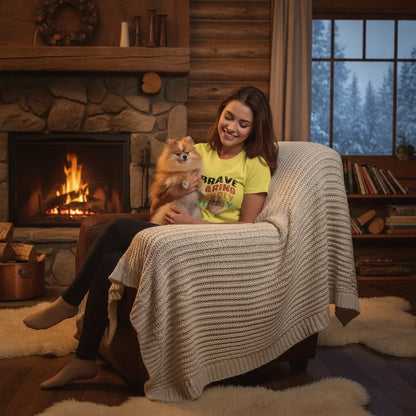 Woman in an armchair by a log fire holding a Pomeranian, wearing the yellow wave-text pet t-shirt
