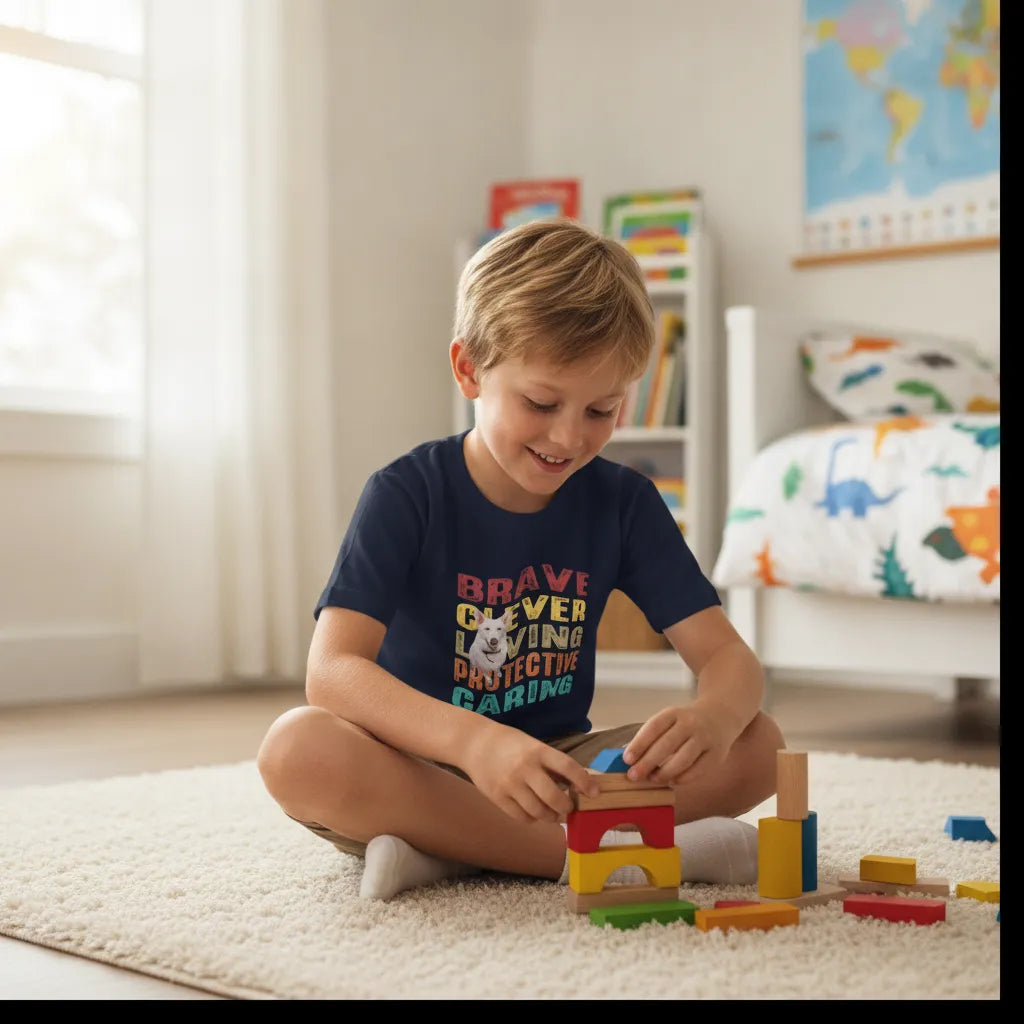 Boy playing with wooden blocks on a bedroom rug, wearing the navy wave-text kids' t-shirt
