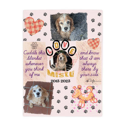 Pink memorial photo blanket printed with three pictures of a cocker spaniel named Misty, hearts, paw prints and the dates 2015 to 2025