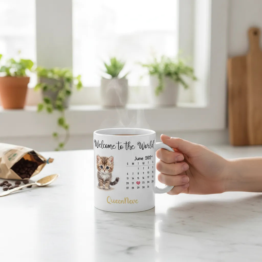Hand holding the steaming 'Welcome to the World' kitten mug on a marble kitchen worktop